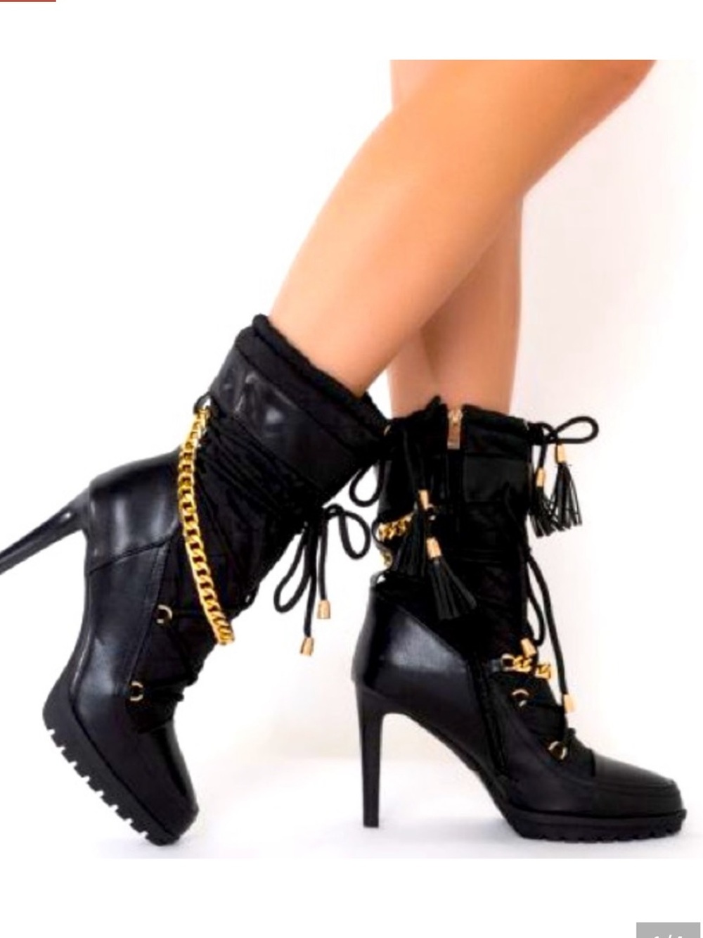 Azalea Wang Size 8.5 Black Quilted Lace Up Stiletto Boots Tassel Y2K